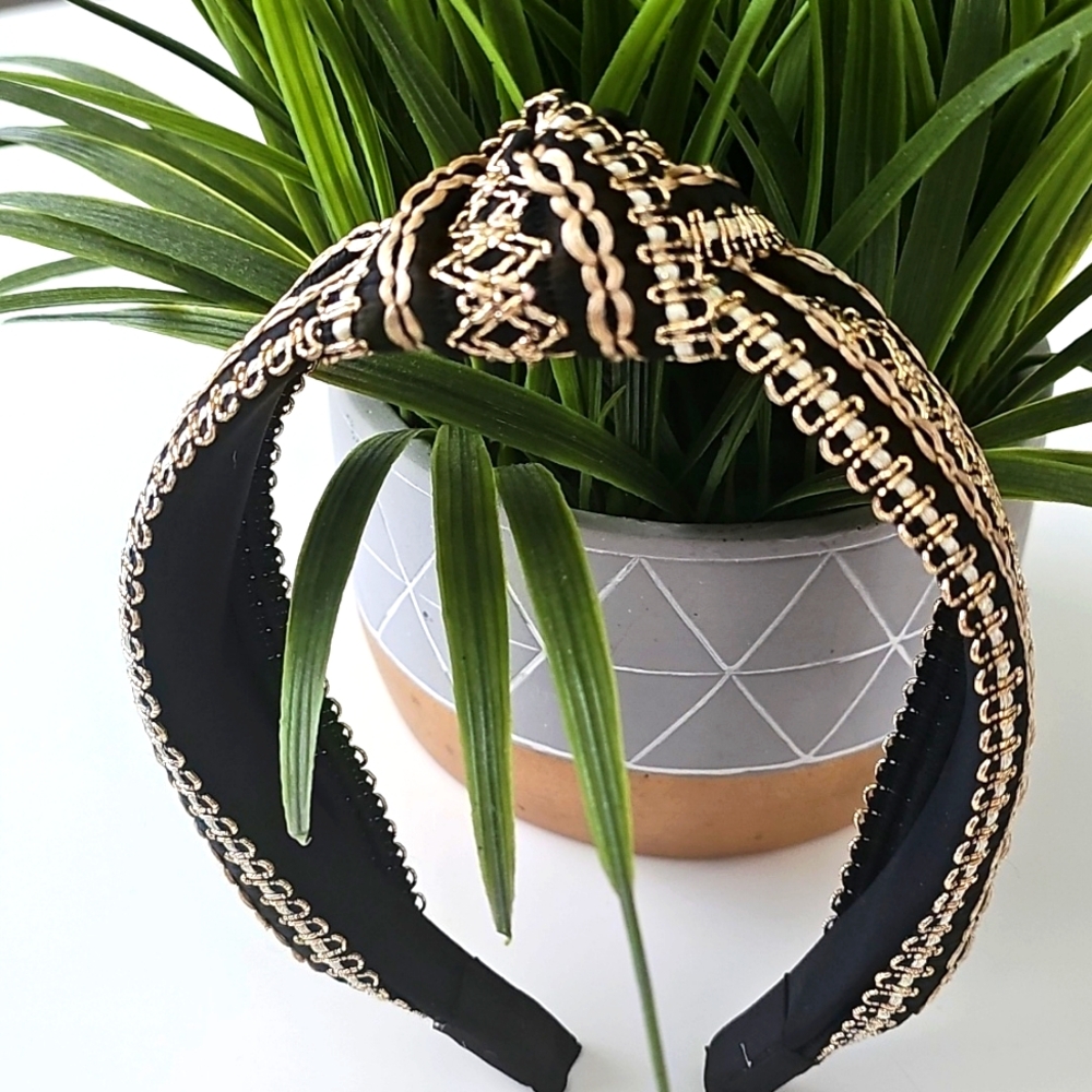 NWOT Top Knot Black with Gold & Cream Embroidery Soft Headband